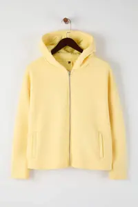 TRENDYOLMİLLA Light Yellow Thick Fleece Inside Hooded Zippered Oversized/Wide Cut Knitting Sweatshirt - Image 5