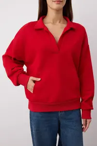 TRENDYOLMİLLA Red Polo Shirt Collar Thick Without Raising Oversized/Wide Cut Knitting Sweatshirt - Image 3