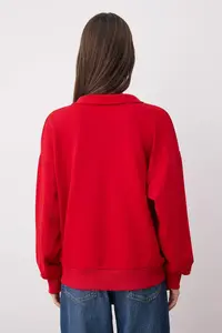 TRENDYOLMİLLA Red Polo Shirt Collar Thick Without Raising Oversized/Wide Cut Knitting Sweatshirt - Image 4
