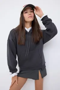 TRENDYOLMİLLA Teen Anthracite Thick Hooded with pocket Asymmetric Knitting Sweatshirt