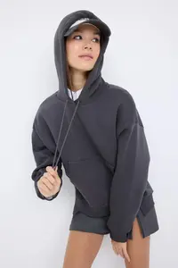 TRENDYOLMİLLA Teen Anthracite Thick Hooded with pocket Asymmetric Knitting Sweatshirt - Image 2