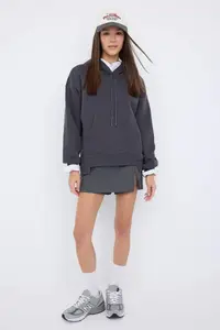TRENDYOLMİLLA Teen Anthracite Thick Hooded with pocket Asymmetric Knitting Sweatshirt - Image 3