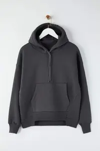 TRENDYOLMİLLA Teen Anthracite Thick Hooded with pocket Asymmetric Knitting Sweatshirt - Image 5