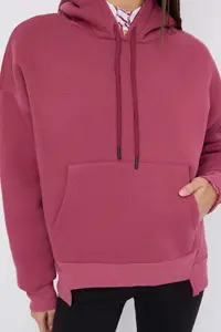 TRENDYOLMİLLA Teen Dusty Rose Thick Hooded with pocket Asymmetric Knitting Sweatshirt - Image 3