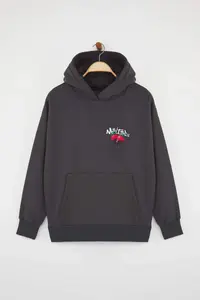 TRENDYOLMİLLA Teen Thick Fleece Inside Anthracite Hooded Front and Back Strawberry Printed Knitting Sweatshirt - Image 6