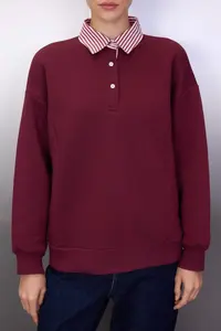 TRENDYOLMİLLA Burgundy Weaving Garni Detailed Oversized Pattern Polo Shirt Collar Thick Knitting Sweatshirt with Fleece inside - Image 3