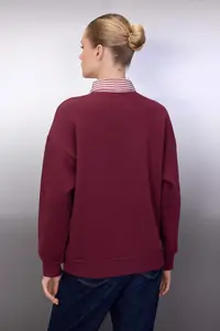 TRENDYOLMİLLA Burgundy Weaving Garni Detailed Oversized Pattern Polo Shirt Collar Thick Knitting Sweatshirt with Fleece inside - Image 4