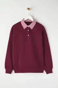 TRENDYOLMİLLA Burgundy Weaving Garni Detailed Oversized Pattern Polo Shirt Collar Thick Knitting Sweatshirt with Fleece inside - Image 5