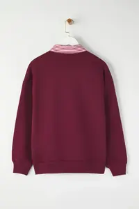 TRENDYOLMİLLA Burgundy Weaving Garni Detailed Oversized Pattern Polo Shirt Collar Thick Knitting Sweatshirt with Fleece inside - Image 6