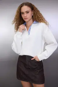TRENDYOLMİLLA Ecru Oversized/Wide Pattern Weaving Garni Detailed Polo Shirt Collar Knitting Sweatshirt
