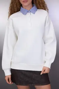 TRENDYOLMİLLA Ecru Oversized/Wide Pattern Weaving Garni Detailed Polo Shirt Collar Knitting Sweatshirt - Image 3