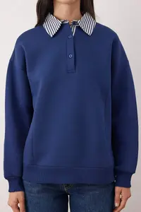TRENDYOLMİLLA Navy Blue Weaving Garni Detailed Oversized Pattern Polo Shirt Collar Thick Fleece Knitting Sweatshirt - Image 3