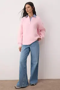 TRENDYOLMİLLA Pink Weaving Garni Detailed Oversized Pattern Polo Shirt Collar Thick Fleece Knitting Sweatshirt - Image 2