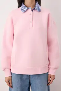 TRENDYOLMİLLA Pink Weaving Garni Detailed Oversized Pattern Polo Shirt Collar Thick Fleece Knitting Sweatshirt - Image 3