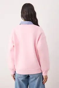 TRENDYOLMİLLA Pink Weaving Garni Detailed Oversized Pattern Polo Shirt Collar Thick Fleece Knitting Sweatshirt - Image 4