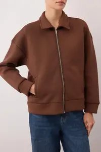 TRENDYOLMİLLA Brown Zippered Polo Shirt Collar Oversized Thick Fleece Inside Knitting Sweatshirt - Image 3