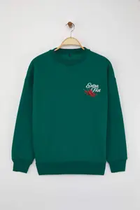 TRENDYOLMİLLA Emerald Green Thick Inside Fleece Pepper Printed Oversized Knitting Sweatshirt - Image 5