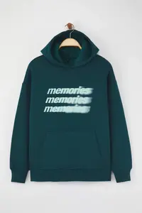 TRENDYOLMİLLA Petrol Teen Oversized/Wide Pattern Slogan Printed Thick Fleece Inside Knitting Sweatshirt - Image 5