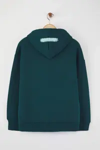 TRENDYOLMİLLA Petrol Teen Oversized/Wide Pattern Slogan Printed Thick Fleece Inside Knitting Sweatshirt - Image 6
