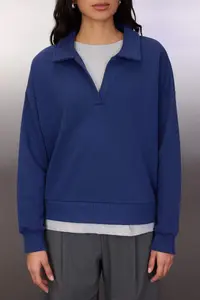 TRENDYOLMİLLA Navy Blue Polo Shirt Collar Double Layer Knitting Sweatshirt - Image 3