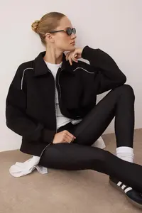 TRENDYOLMİLLA Black Oversized/Wide Pattern Zippered Piping Detailed Knitting Sweatshirt