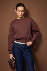 TRENDYOLMİLLA Teen Brown Regular Lace Detailed Slogan Embroidered Thick Fleece Knitting Sweatshirt