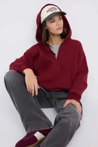 TRENDYOLMİLLA Teen Burgundy Hooded Thick Half Patch with Fleece Inside Zippered with pocket Knitting Sweatshirt - Image 2