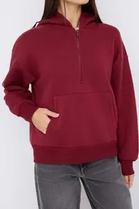 TRENDYOLMİLLA Teen Burgundy Hooded Thick Half Patch with Fleece Inside Zippered with pocket Knitting Sweatshirt - Image 3