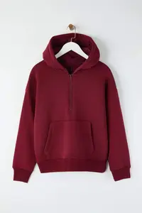 TRENDYOLMİLLA Teen Burgundy Hooded Thick Half Patch with Fleece Inside Zippered with pocket Knitting Sweatshirt - Image 5