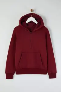 TRENDYOLMİLLA Teen Burgundy Hooded Thick Half Patch with Fleece Inside Zippered with pocket Knitting Sweatshirt - Image 7