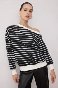 TRENDYOLMİLLA Black Striped Light Shoulder Oversized/Wide Pattern Thin Knitting Sweatshirt