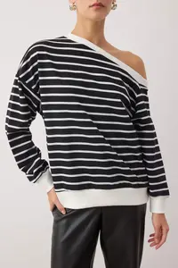 TRENDYOLMİLLA Black Striped Light Shoulder Oversized/Wide Pattern Thin Knitting Sweatshirt - Image 3
