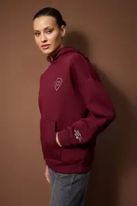TRENDYOLMİLLA Burgundy Embroidered/Embroidered Oversized/Wide Pattern Hooded Knitting Sweatshirt