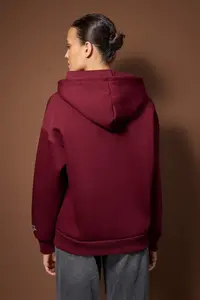 TRENDYOLMİLLA Burgundy Embroidered/Embroidered Oversized/Wide Pattern Hooded Knitting Sweatshirt - Image 4