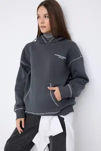 TRENDYOLMİLLA Teen Anthracite Printed Washable Overszie/Wide Pattern Hooded Knitting Sweatshirt