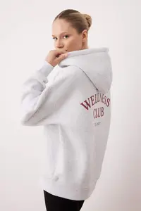 TRENDYOLMİLLA Snow Melange Embroidered Oversized/Wide Pattern Thick Fleece Inside Knitting Sweatshirt