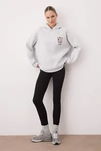 TRENDYOLMİLLA Snow Melange Embroidered Oversized/Wide Pattern Thick Fleece Inside Knitting Sweatshirt - Image 2