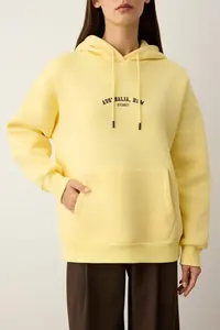 TRENDYOLMİLLA Light Yellow Thick Hooded Front and Back Printed Oversized Knitting Sweatshirt - Image 3