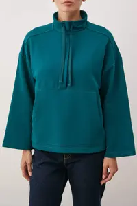 TRENDYOLMİLLA Petrol Dog collar Zippered and with pocket relaxed/Rahat Pattern Knitting Sweatshirt - Image 3