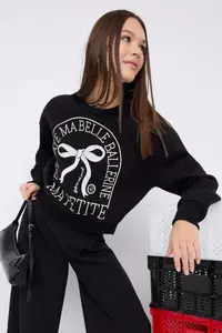 TRENDYOLMİLLA Teen Black Printed Regular/Normal Pattern Knitting Sweatshirt