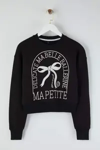 TRENDYOLMİLLA Teen Black Printed Regular/Normal Pattern Knitting Sweatshirt - Image 5