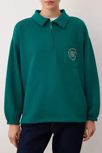 TRENDYOLMİLLA Emerald Green Half Patch Zippered Embroidered Oversized/Wide Pattern Knitting Sweatshirt - Image 3