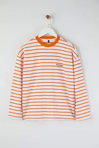 TRENDYOLMİLLA Teen Orange Striped Slogan Back Printed Oversized/Wide Pattern Thin Knitting Sweatshirt - Image 6