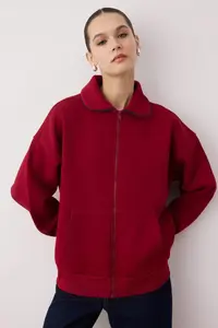 TRENDYOLMİLLA Burgundy Polo Shirt Collar Piped Oversized/Wide Pattern Knitting Sweatshirt