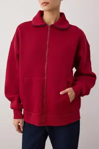 TRENDYOLMİLLA Burgundy Polo Shirt Collar Piped Oversized/Wide Pattern Knitting Sweatshirt - Image 3