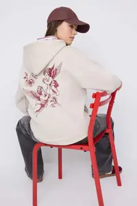 TRENDYOLMİLLA Teen Stone Hooded Back Angel Printed Thick Oversized Knitting Sweatshirt with Fleece Inside