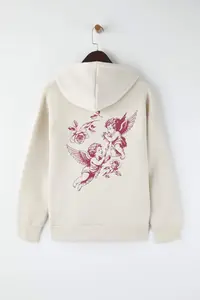 TRENDYOLMİLLA Teen Stone Hooded Back Angel Printed Thick Oversized Knitting Sweatshirt with Fleece Inside - Image 5