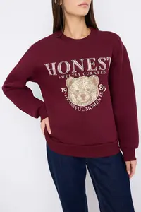 TRENDYOLMİLLA Teen Burgundy Thick Teddy Bear with Fleece Inside Printed Regular/Normal Cut Knitting Sweatshirt - Image 3