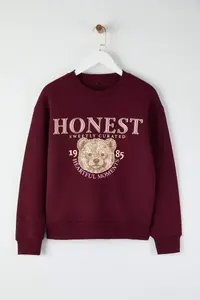 TRENDYOLMİLLA Teen Burgundy Thick Teddy Bear with Fleece Inside Printed Regular/Normal Cut Knitting Sweatshirt - Image 5