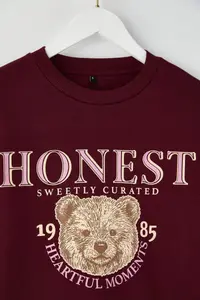 TRENDYOLMİLLA Teen Burgundy Thick Teddy Bear with Fleece Inside Printed Regular/Normal Cut Knitting Sweatshirt - Image 6